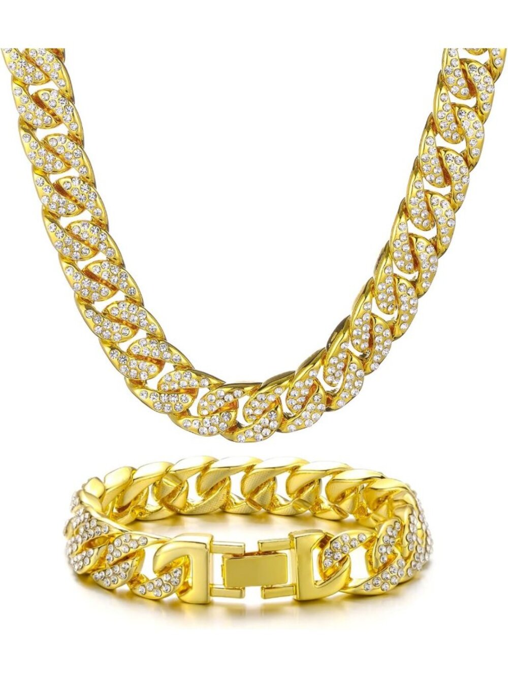 Iced Out Cuban Link Chain Necklace & Bracelet Set for Men & Women - 2 Pcs